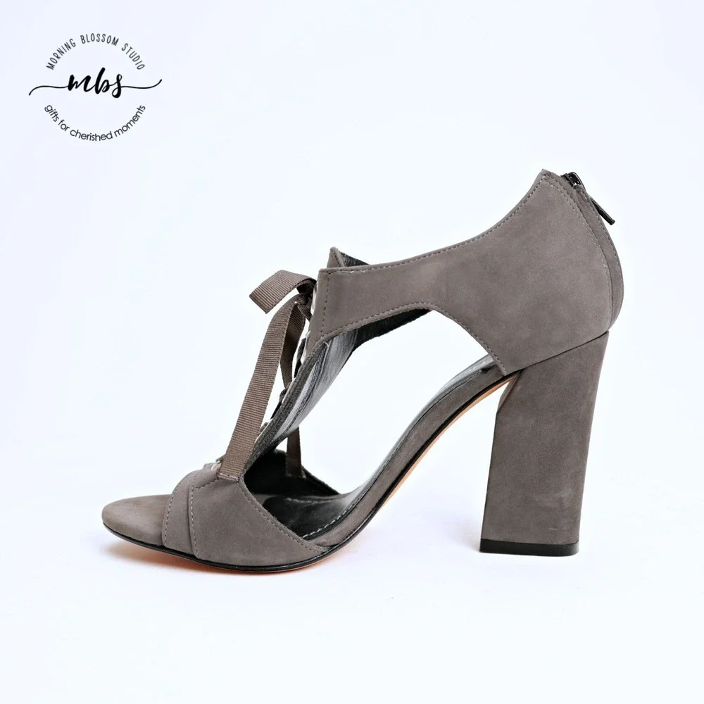 Klub Nico Tinka‎ Open Casual Chic Suede Block Lace-Up Heeled Sandals Grey 7